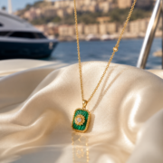 Vintage Thin Chain Malachite Texture Sunflower Square Pendant Necklace (18K Gold-Plated) - Image 5