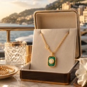 Vintage Thin Chain Malachite Texture Sunflower Square Pendant Necklace (18K Gold-Plated) - Image 2