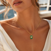 Vintage Thin Chain Malachite Texture Sunflower Square Pendant Necklace (18K Gold-Plated)