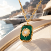 Vintage Thin Chain Malachite Texture Sunflower Square Pendant Necklace (18K Gold-Plated) - Image 3