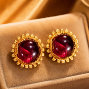 Vintage Sunburst Frame Pigeon Blood Cabochon Natural Zircon Stud Earrings (18K Gold-Plated) - Image 4