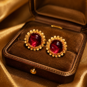 Vintage Sunburst Frame Pigeon Blood Cabochon Natural Zircon Stud Earrings (18K Gold-Plated) - Image 2