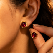 Vintage Sunburst Frame Pigeon Blood Cabochon Natural Zircon Stud Earrings (18K Gold-Plated) - Image 3