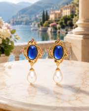 Deep Blue Cabochon Pearl Drop Earrings, 18K Gold-Plated Vintage Royal Wisdom Guardian Jewelry - Image 2