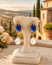Deep Blue Cabochon Pearl Drop Earrings, 18K Gold-Plated Vintage Royal Wisdom Guardian Jewelry - Image 4