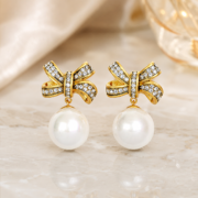 Pave Bow Pearl Drop Earrings, 18K Gold-Plated Vintage Luxury Gentle Lucky Jewelry - Image 5