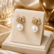 Pave Bow Pearl Drop Earrings, 18K Gold-Plated Vintage Luxury Gentle Lucky Jewelry - Image 4