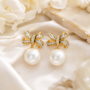 Pave Bow Pearl Drop Earrings, 18K Gold-Plated Vintage Luxury Gentle Lucky Jewelry - Image 2