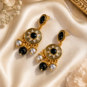 Black Onyx Sun Compass Pearl Tassel Earrings, 18K Gold-Plated Vintage Retro Protective Lucky Jewelry - Image 2