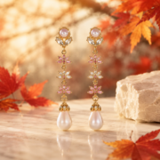 Gradient Pink White Flower Zircon Teardrop Pearl Long Drop Earrings (18K Gold-Plated) - Image 4