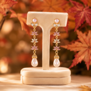 Gradient Pink White Flower Zircon Teardrop Pearl Long Drop Earrings (18K Gold-Plated) - Image 5