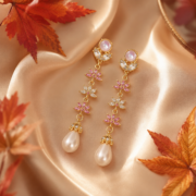 Gradient Pink White Flower Zircon Teardrop Pearl Long Drop Earrings (18K Gold-Plated) - Image 2