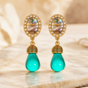 Pearl Halo Abalone Shell Peacock Green Teardrop Drop Earrings (18K Gold-Plated) - Image 4
