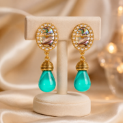 Pearl Halo Abalone Shell Peacock Green Teardrop Drop Earrings (18K Gold-Plated) - Image 5