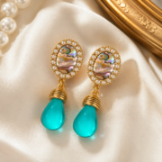 Pearl Halo Abalone Shell Peacock Green Teardrop Drop Earrings (18K Gold-Plated) - Image 2