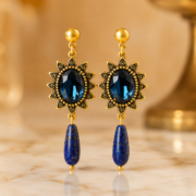 intage Sunburst Deep Blue Zircon Lapis Lazuli Teardrop Drop Earrings (18K Gold-Plated) - Image 4