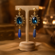 intage Sunburst Deep Blue Zircon Lapis Lazuli Teardrop Drop Earrings (18K Gold-Plated) - Image 6