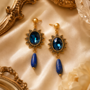 intage Sunburst Deep Blue Zircon Lapis Lazuli Teardrop Drop Earrings (18K Gold-Plated) - Image 2