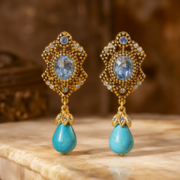 Vintage Royal Blue Zircon Openwork Turquoise Teardrop Drop Earrings (18K Gold-Plated) - Image 6