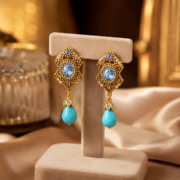 Vintage Royal Blue Zircon Openwork Turquoise Teardrop Drop Earrings (18K Gold-Plated) - Image 4