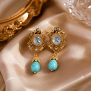 Vintage Royal Blue Zircon Openwork Turquoise Teardrop Drop Earrings (18K Gold-Plated) - Image 2
