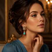 Vintage Royal Blue Zircon Openwork Turquoise Teardrop Drop Earrings (18K Gold-Plated) - Image 3