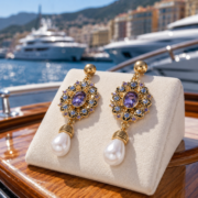 Limited Edition Vintage Royal Purple Zircon Halo Teardrop Pearl Drop Earrings (18K Gold-Plated Antique Finish) - Image 4