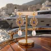 Limited Edition Vintage Royal Purple Zircon Halo Teardrop Pearl Drop Earrings (18K Gold-Plated Antique Finish) - Image 2
