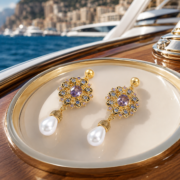 Limited Edition Vintage Royal Purple Zircon Halo Teardrop Pearl Drop Earrings (18K Gold-Plated Antique Finish) - Image 5
