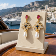 Limited Edition 1200 Vintage Royal Ruby Sapphire Pearl Teardrop Drop Earrings (18K Gold-Plated) - Image 6