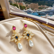 Limited Edition 1200 Vintage Royal Ruby Sapphire Pearl Teardrop Drop Earrings (18K Gold-Plated) - Image 2