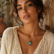 Vintage Turquoise Starburst Pendant Necklace, 18K Gold Plated Byzantine Amulet Choker, Mystical Lucky Energy Jewelry - Image 4