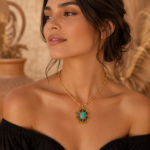 Vintage Turquoise Starburst Pendant Necklace, 18K Gold Plated Byzantine Amulet Choker, Mystical Lucky Energy Jewelry
