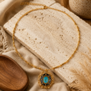 Vintage Turquoise Starburst Pendant Necklace, 18K Gold Plated Byzantine Amulet Choker, Mystical Lucky Energy Jewelry - Image 2