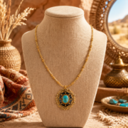 Vintage Turquoise Starburst Pendant Necklace, 18K Gold Plated Byzantine Amulet Choker, Mystical Lucky Energy Jewelry - Image 3