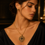 Vintage Black Onyx Byzantine Medallion Necklace, 18K Gold Plated Shield Pendant Sweater Chain, Protective Evil Eye Energy Jewelry