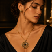 Vintage Black Onyx Byzantine Medallion Necklace, 18K Gold Plated Shield Pendant Sweater Chain, Protective Evil Eye Energy Jewelry