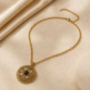 Vintage Black Onyx Byzantine Medallion Necklace, 18K Gold Plated Shield Pendant Sweater Chain, Protective Evil Eye Energy Jewelry - Image 5