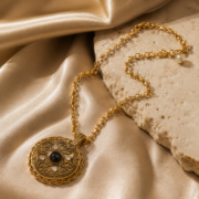 Vintage Black Onyx Byzantine Medallion Necklace, 18K Gold Plated Shield Pendant Sweater Chain, Protective Evil Eye Energy Jewelry - Image 4