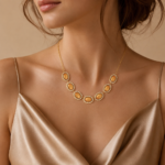 Vintage Amber Gold Seven Oval Stone Necklace, 18K Gold Plated Royal Choker, Wealth-Attracting Sun Energy Jewelry