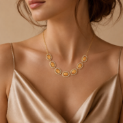 Vintage Amber Gold Seven Oval Stone Necklace, 18K Gold Plated Royal Choker, Wealth-Attracting Sun Energy Jewelry