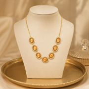 Vintage Amber Gold Seven Oval Stone Necklace, 18K Gold Plated Royal Choker, Wealth-Attracting Sun Energy Jewelry - Image 2
