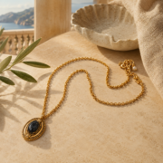 Vintage Italian Black Onyx Oval Pendant Necklace with an 18K Gold-Plated Vintage Sweater Chain—Energy Jewelry Symbolizing Rebirth and Transformation - Image 2