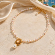 Vintage Royal Pink-White Gradient Pearl Golden Sand Oval Pendant Choker (18K Gold Plated ) - Image 3