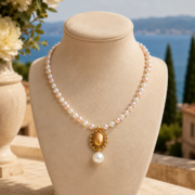 Vintage Royal Pink-White Gradient Pearl Golden Sand Oval Pendant Choker (18K Gold Plated ) - Image 2