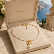 Vintage Royal Pink-White Gradient Pearl Golden Sand Oval Pendant Choker (18K Gold Plated ) - Image 5