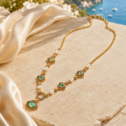 Byzantine Vintage Mint Clover Carved Pearl Spacer Choker (18K Gold Plated ) - Image 2