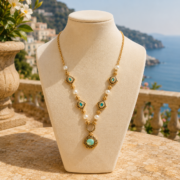 Byzantine Vintage Mint Clover Carved Pearl Spacer Choker (18K Gold Plated ) - Image 4