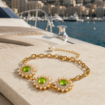 Vintage Peridot Green Pearl Sunflower Bracelet, 18K Gold Plated Bold Chain Jewelry, Old Money Luxury Statement Piece