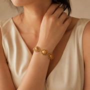 Vintage Royal Lace Edge Three Golden Sand Stone Oval Bracelet (18K Gold Plated Antique Finish) - Image 6